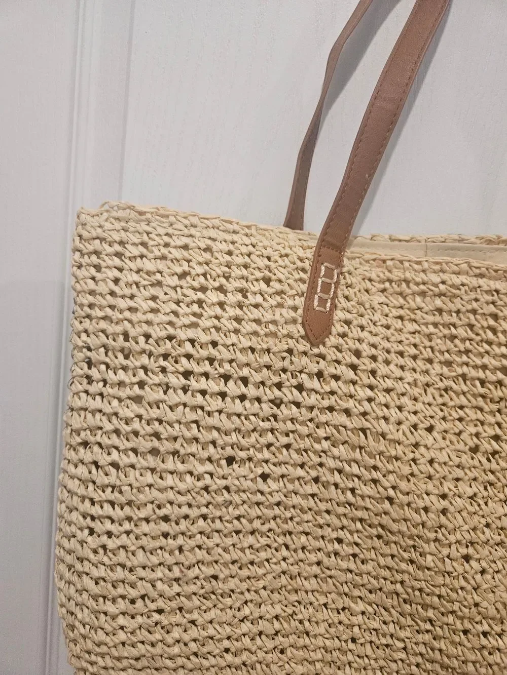 Macy's Woven Straw Tote with Green & Black Leaf Print and Brown Straps